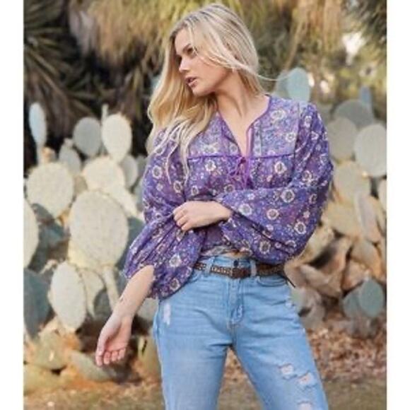NEW BLUE BOHEME PURPLE COTTON BLOCK PRINT BLOUSE OSFA INDIA FRANCE BOHO - Picture 1 of 6